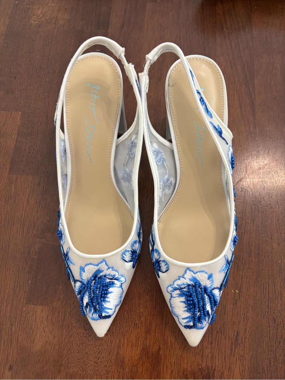 Betsey Johnson White Slingback Pointed-Toe Mules with Blue Floral Embroidery